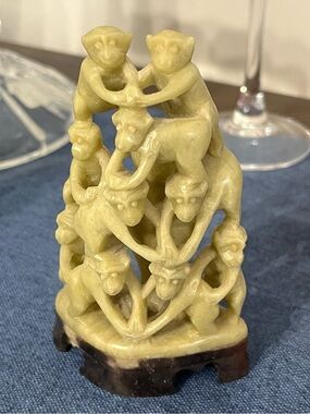 Vintage 1940’s Chinese hand-carved soapstone 10 monkey pyramid sculpture
